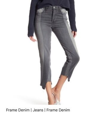 Frame Denim Gray patchwork stripes Cropped Raw Jeans shark bite hem
